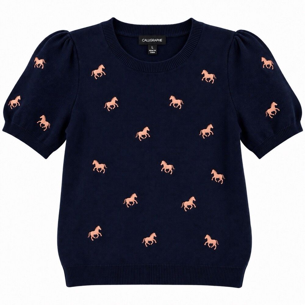Anthropologie Calligraphie Horse Embroidered Sweater Navy Puff Sleeve L